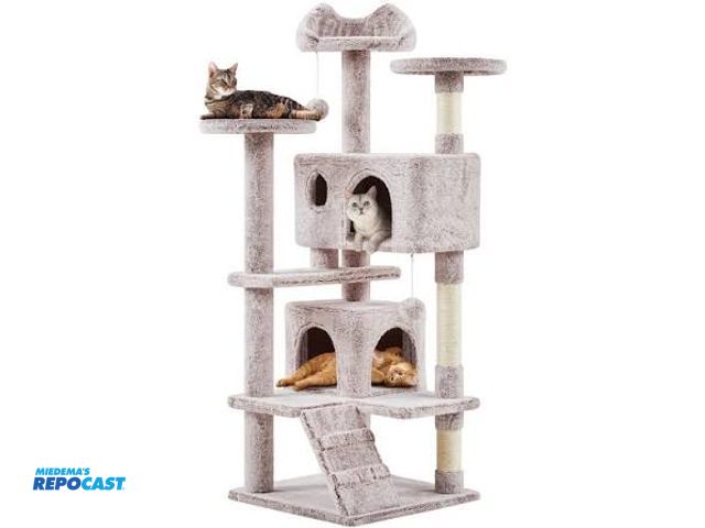 Lot 2-96273 - Yaheetech 54in cat tree tower, 2 caves, kitten-ear perch and scratching post unassembled