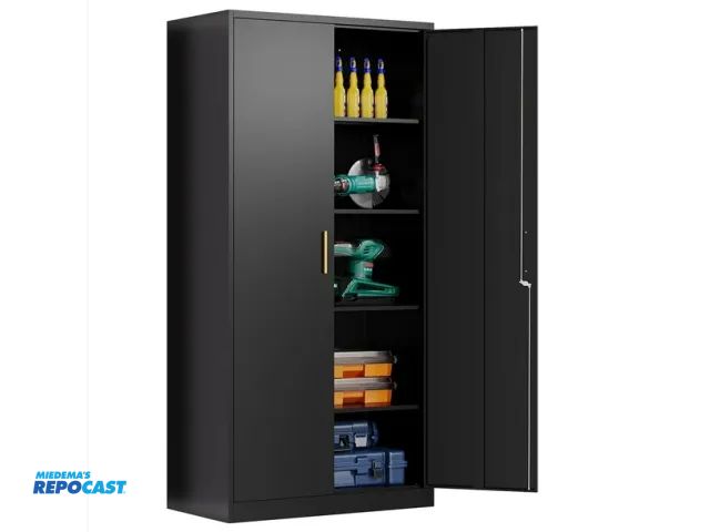Lot 2-94697 - Fesbos Metal Garage Storage Cabinet with 2 Doors and 4 Adjustable Shelves, 71 Inches Tall Black