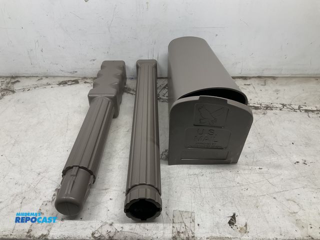 Lot 2-15011 - New (damaged) Newbury mocha colored plastic mailbox and post kit. Mailbox door doesn’t close fully.