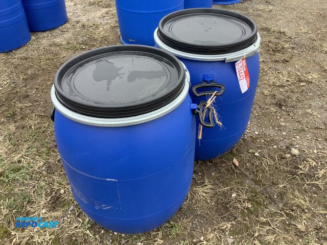 Lot 2-74442 - (2) 25 gallon blue plastic barrels with removable lids and locking rings. Clean Inside.