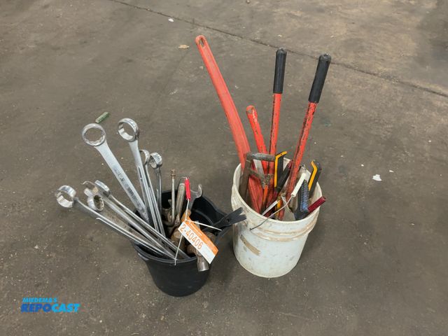 Lot 2-40406 - (2) Buckets of Assorted Tools including Large Standard Wrenches up to 2", Pipe Wrenches, Bolt Cutter...