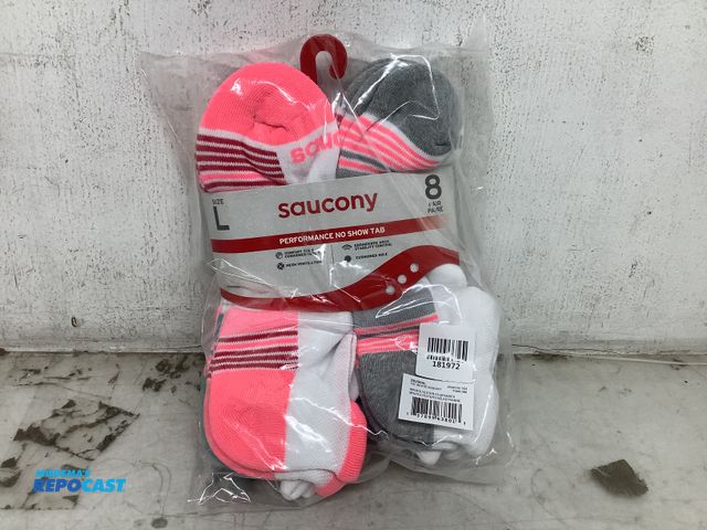 Lot 2-32682 - Lot of a box of saucony women’s socks pink, gray, green, red, white stripes size large 8 pairs per b...