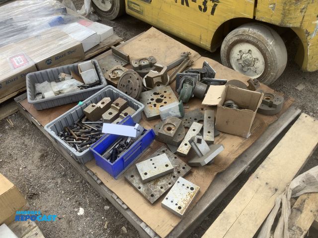 Lot 2-32832 - Skid lot of misc. industrial items including bolts, soft jaws, mounting blocks, wheels, chuck