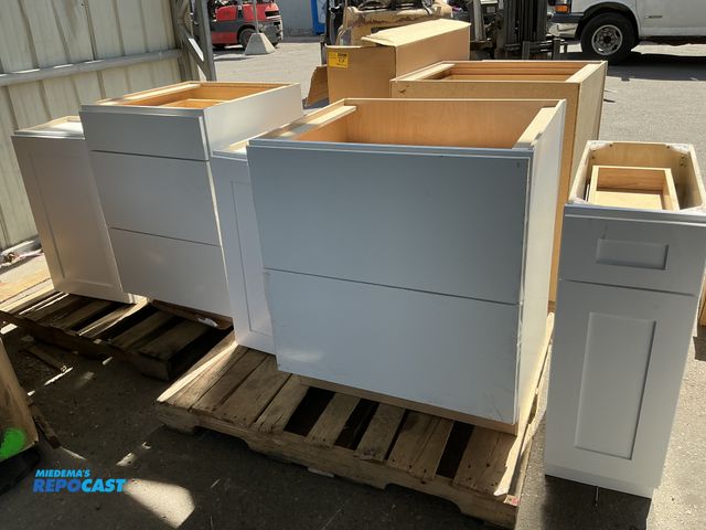 Lot 2-76735 - Lot of (6) white wooden cabinets set varying in sizes and amounts of drawers all 35” tall