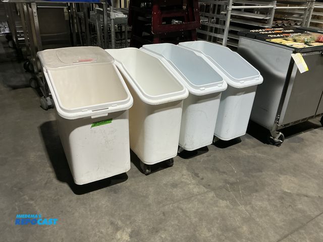 Lot 2-55187 - Lot of (3) Cambro IBS-20 rolling plastic ingredient bins missing tops, (1) Winco plastic rolling ing...
