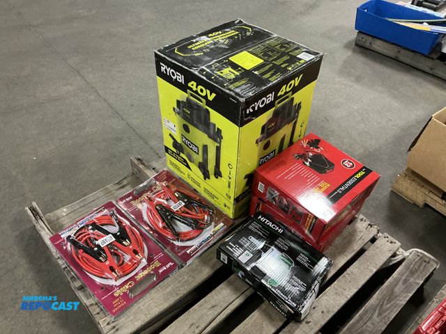 Lot 2-33480 - Lot of (1) ryobi 40V wet/dry vacuum, (2) sets of jumper cables, (1) hitachi 1/4” 6mm screw driver, a...