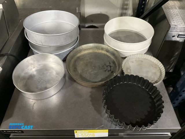 Lot 2-55055 - Lot including (3) 12” diameter x 3” depth aluminum cake pans, (1) 10” diameter x 3” depth aluminum c...