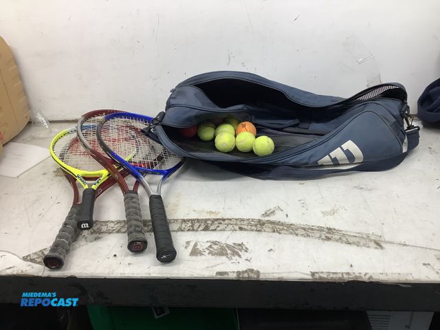 Lot 2-99289 - Assorted tennis lot including: (4) Tennis Rackets, various balls, and Wilson staff carrying Bag