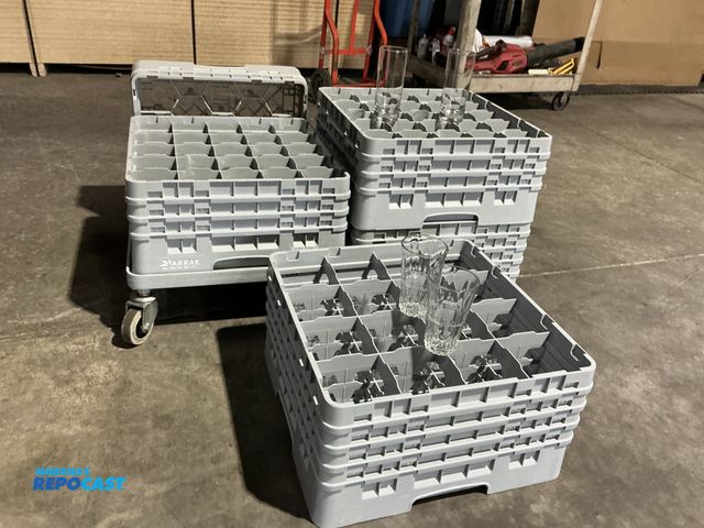 Lot 2-55168 - Lot of (4) Array dish racks with cart also included is (73) 6.5 inch tall high ball drinking glasses...