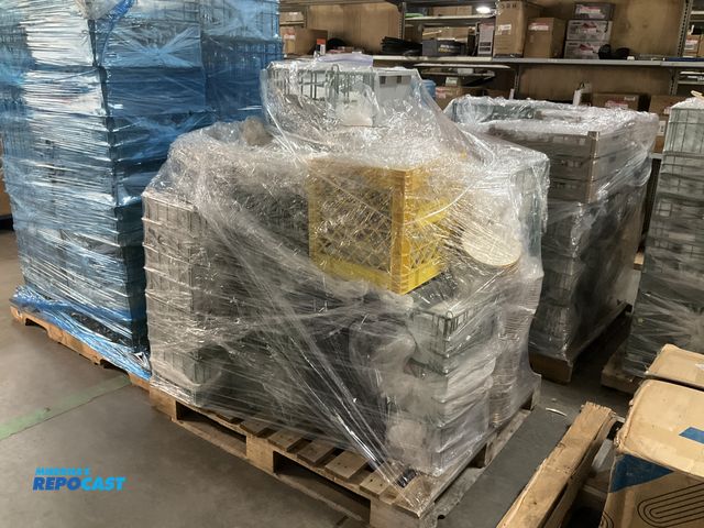 Lot 2-61981 - Large Skid lot of assorted dishware including: glass white and gold bowls and plates, gold / silver ...