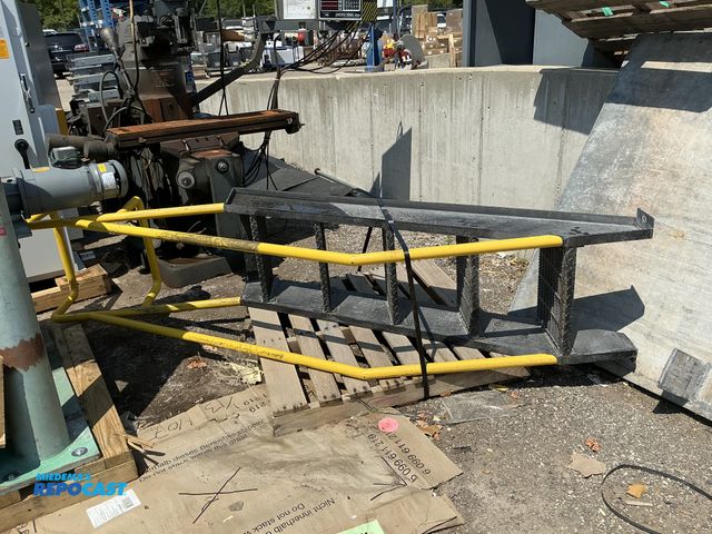 Lot 2-99448 - Trade-junior-mark metal yellow railing industrial stairs, 21” wide, and approximately 113” tall