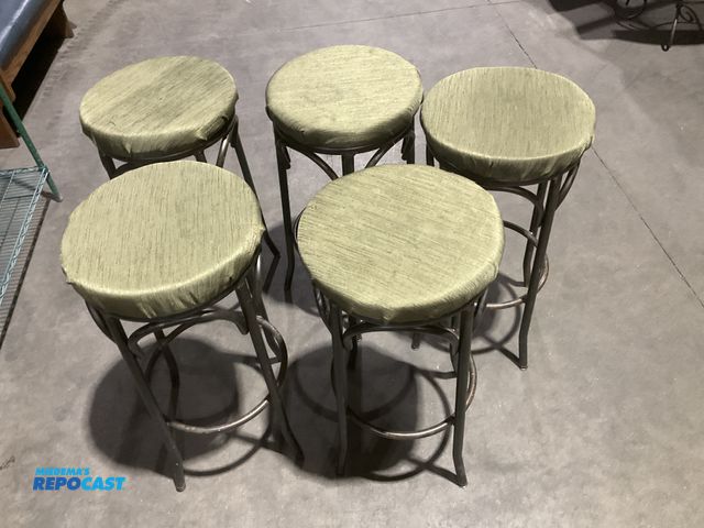 Lot 2-55114 - Lot of (5) matching metal framed bar stools with 3” thick foam/upholstered seats at 32.5” high