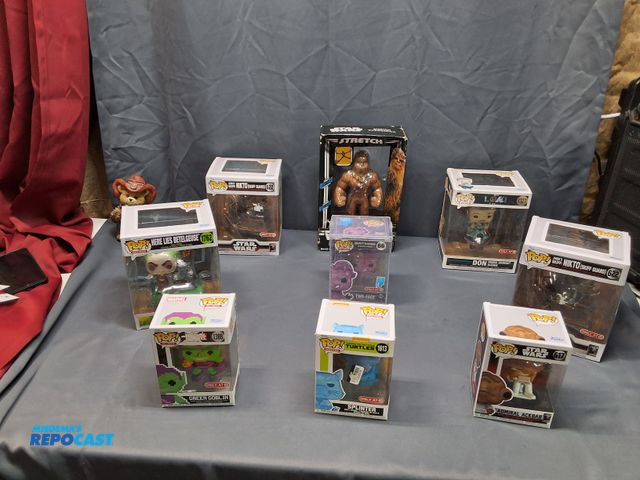 Lot 2-23620 - (8)  ASSORTED POPS AND (1) STAR WARS STRETCH CHEWBACCA