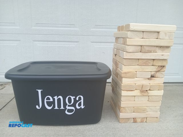 Lot 2-76907 - New Large wood made Jenga set from premium 2x4s measures 10 and 1/2 in Long and 48 pieces with stora...