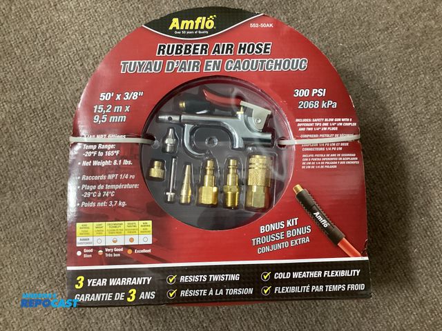 Lot 2-92889 - New Amflo Rubber Air Hose with bonus kit. 50 feet X 3/8”. 1/4” NPT fittings, temperature range -20°F...