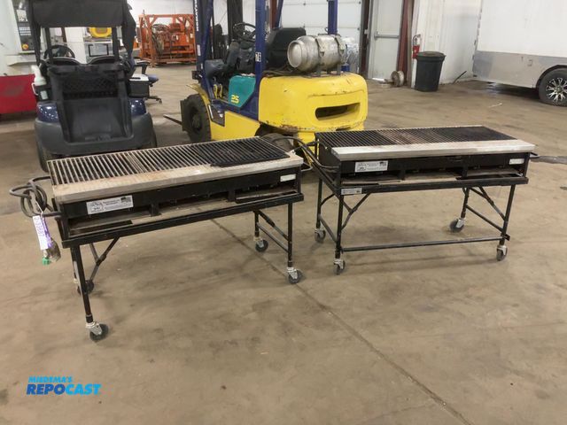 Lot 2-33687 - (2) Used Big John 50” Charcoal Type Gas Broilers on Casters, fold up legs, use propane, one hose mis...