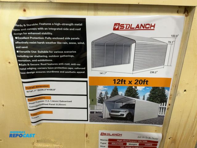 Lot 2-21879 - New SDLANCH 12’x20’ Carport with Enclosed Sidewalls, Cream Color, 141.7” wide x 236.2” deep x 100.8”...