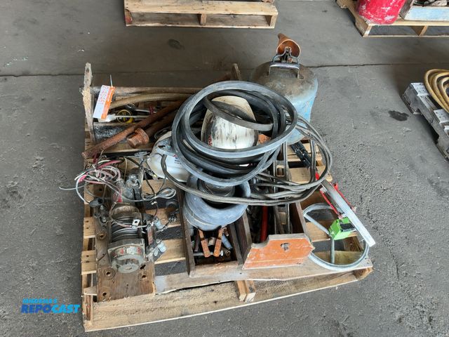 Lot 2-40461 - Skid of assorted tools and more, includes Warn 2500 lb 12 Volt Electric Winch, Large Wrenches, Hard ...