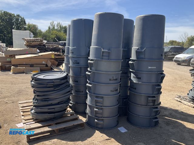 Lot 2-33348 - Lot of around 50 heavy duty Rubbermaid brute plastic stackable trash cans of various conditions incl...