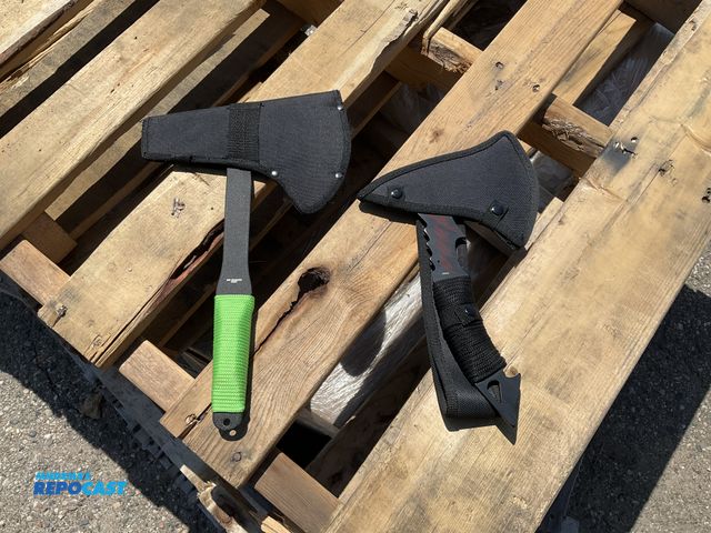 Lot 2-95976 - (2) throwing axes with cases and string wrapped handles, 12” long and 14.5” long