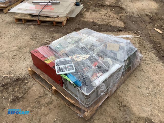 Lot 2-92065 - Skid of assorted industrial parts and accessories including belts, hardware, cords, pumps, etc.