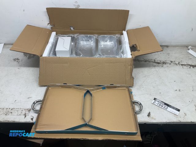 Lot 2-19932 - Stainless steel 3-bin chafing dish, approximately 21” x 13”