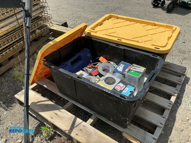 Lot 2-75951 - Tote of various shop supplies and tools including drywall nails, roofing nails, D sinkers, 10 x 2 1/...