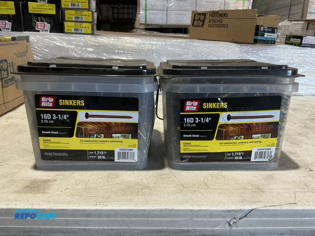 Lot 2-13837 - (2) Grip Rite 16D 3-1/4” smooth shank sinkers 30 pound buckets (1) has crack
