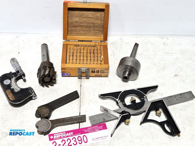 Lot 2-22390 - lot of machine shop tools, knurling bars, gage set, micrometer, tool holder, squares, cutter ,etc.