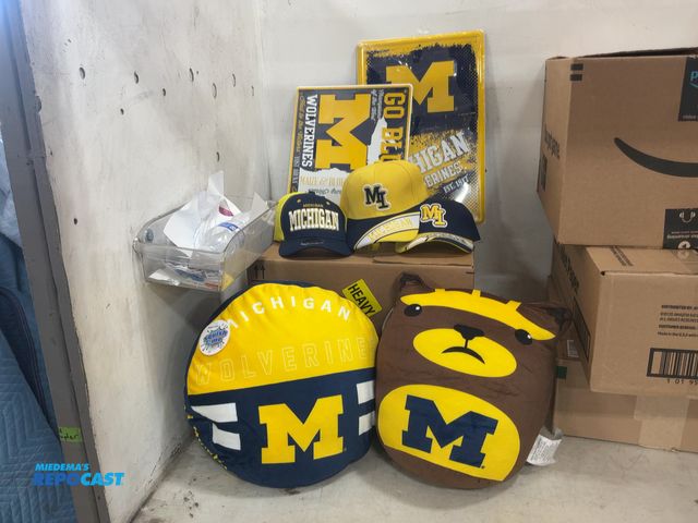 Lot 2-73432 - Lot of Michigan sports memorabilia, 3 caps, 2 squish me stuffed animals, 2 aluminum signs.