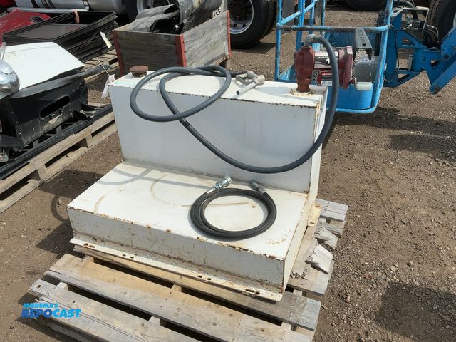 Lot 2-43733 - Used Steel L-Shaped Diesel Fuel Tank with Fill-Rite 15 GPM 12 Volt Pump with Hose and Nozzle, tank i...