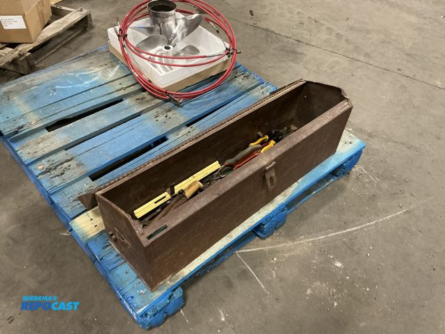 Lot 2-73010 - Kennedy kits metal tool box with various tools including hammers, rulers, pliers, pry bar, and more