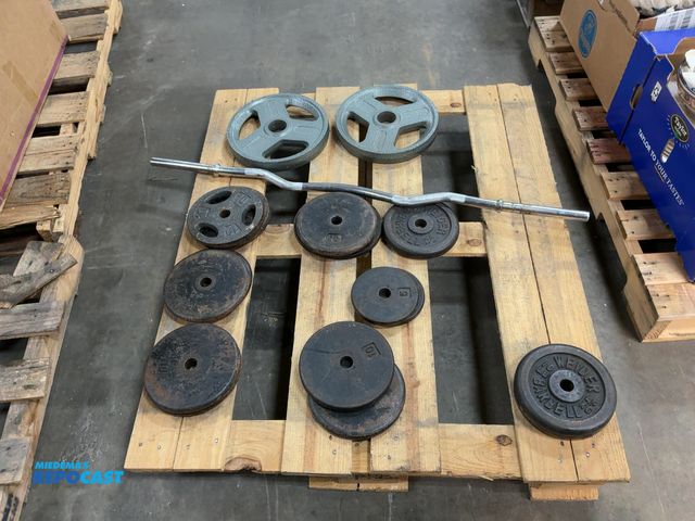 Lot 2-33088 - Skid lot of various weight equipment including various weights and a bar