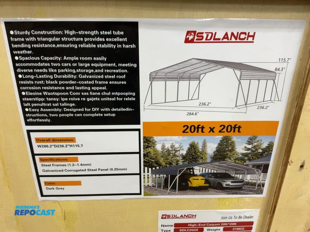 Lot 2-21765 - New SDLANCH 20’x20’ Steel Carport, 236.2” wide x 236.2” deep x 115.7” tall overall, 84.3” Sidewall H...