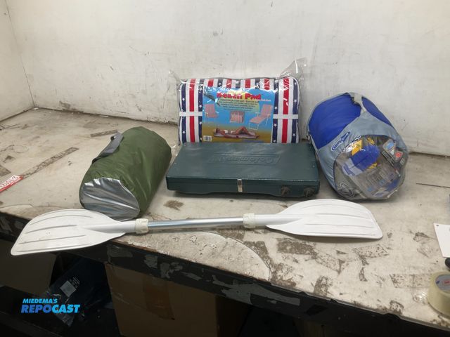 Lot 2-67484 - lot of camping items including coleman stove, new bench pad, 4 person tent, new sleeping bag