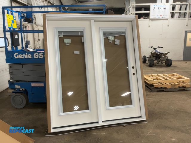 Lot 2-23386 - MMI Door 68” x 80” Full Lite Primed Fiberglass Smooth Patio Door, LH In-Swing, 6-9/16” Primed Compos...