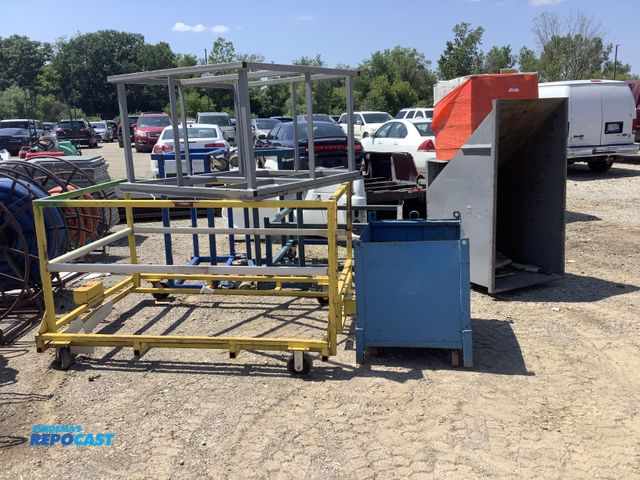 Lot 2-99159 - Lot of assorted industrial storage carts : grey metal trash hopper on wheels (31”x61.5”x45”H), (3)46...