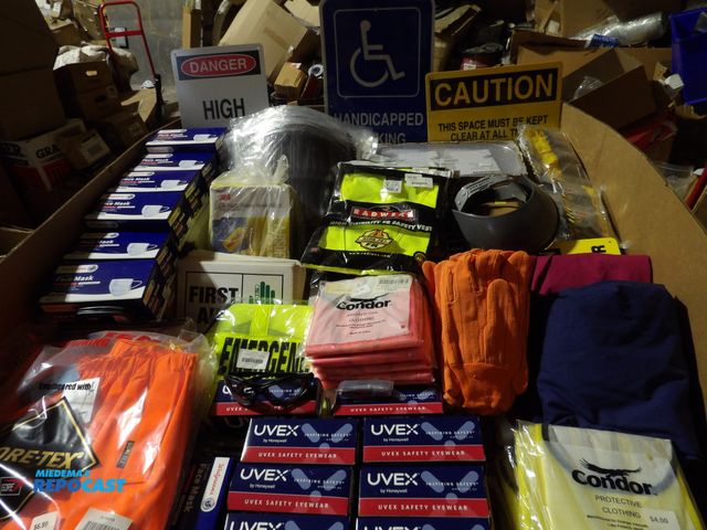 Lot 2-58284 - new Pallet/Gaylord overstock safety products, Gloves, safety vest, signs, mask, scrubs &amp; much mo...