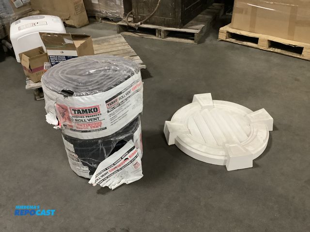 Lot 2-35924 - Construction materials including a round gable vent and (2) rolls of Tamko black roll vent