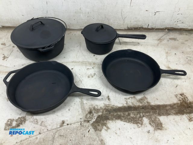 Lot 2-77263 - Lot of (4) Cast Iron Pans/pots. (2) pans are 10” diameter, (1) pot is 6.5” Diameter, (1) pot is 9-3/...