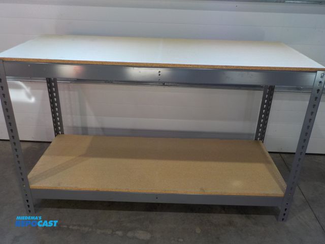 Lot 2-34139 - Metal frame two shelf storage rack. Wood shelves. Adjustable. 60" w x 24" d x 36" h