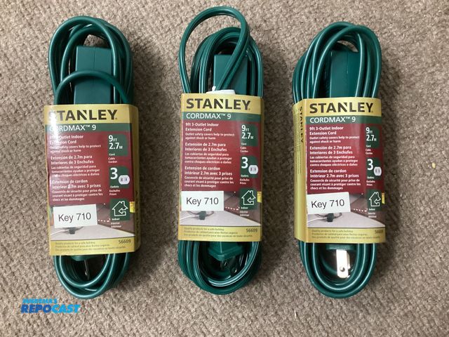 Lot 2-77705 - New Three new Stanley 9 foot green indoor extension cords. Three outlet. Outlets have safety covers ...