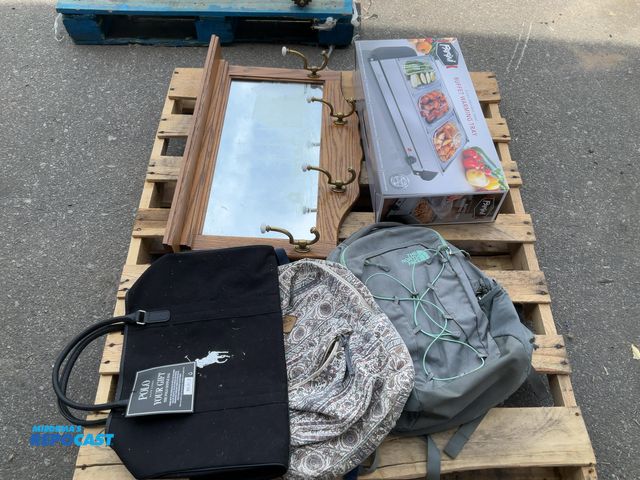 Lot 2-75924 - Mirror with hooks three pan, stainless steel buffet, warming tray, Polo, Ralph Lauren, duffel bag O’...