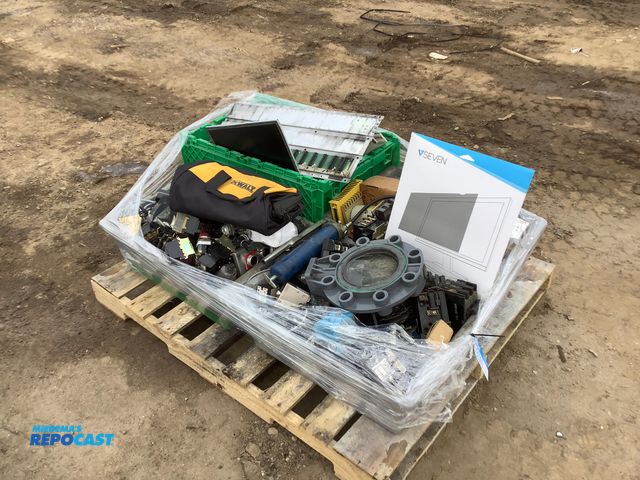 Lot 2-92350 - Skid of assorted industrial parts and supplies including grease gun, breaker switches, usb port, etc...