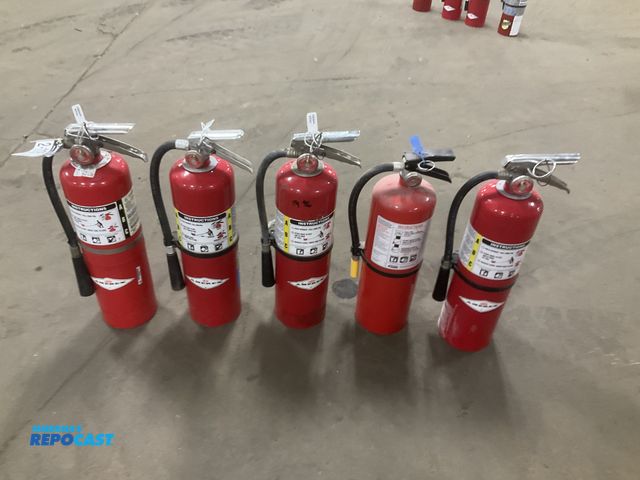 Lot 2-11751 - (5) 10 lb dry chemical fire extinguishers, there were last inspected in 2026 and two are unknown whe...