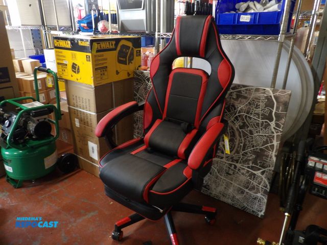 Lot 2-58290 - New Overstock leather gaming chair, black/red, 32" black h, swivel adjustable lumbar, leg rest, vibr...