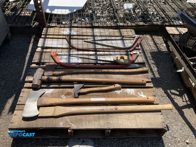 Lot 2-99326 - (2) Axes w/ a spare handle, (1) sledge hammer, (1) hatchet, &amp; (4) hand saws