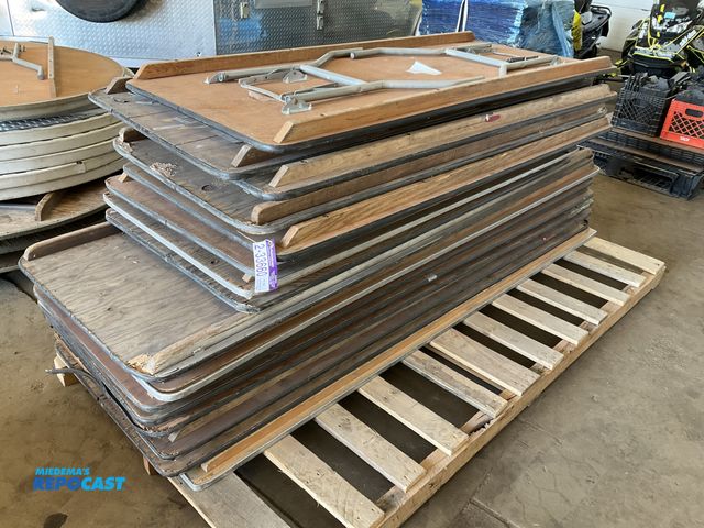 Lot 2-33660 - (8) wooden foldable tables measuring 8’ x 30” and (8) wooden foldable tables measuring 6’ x 30”. All...