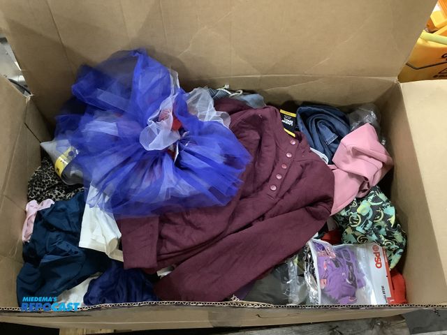 Lot 2-99949 - Large box of assorted sized clothes including: pajamas, dresses, bathing suits, tutus, jeans, sweats...