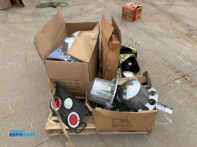 Lot 2-11503 - Skid of assorted truck parts included rear tail lights, (3) Sure Plus Hood Mounted Safety Mirrors, C...